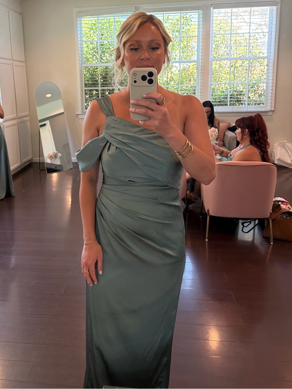 Azazie Wynter Satin Dress in Sea Moss Green